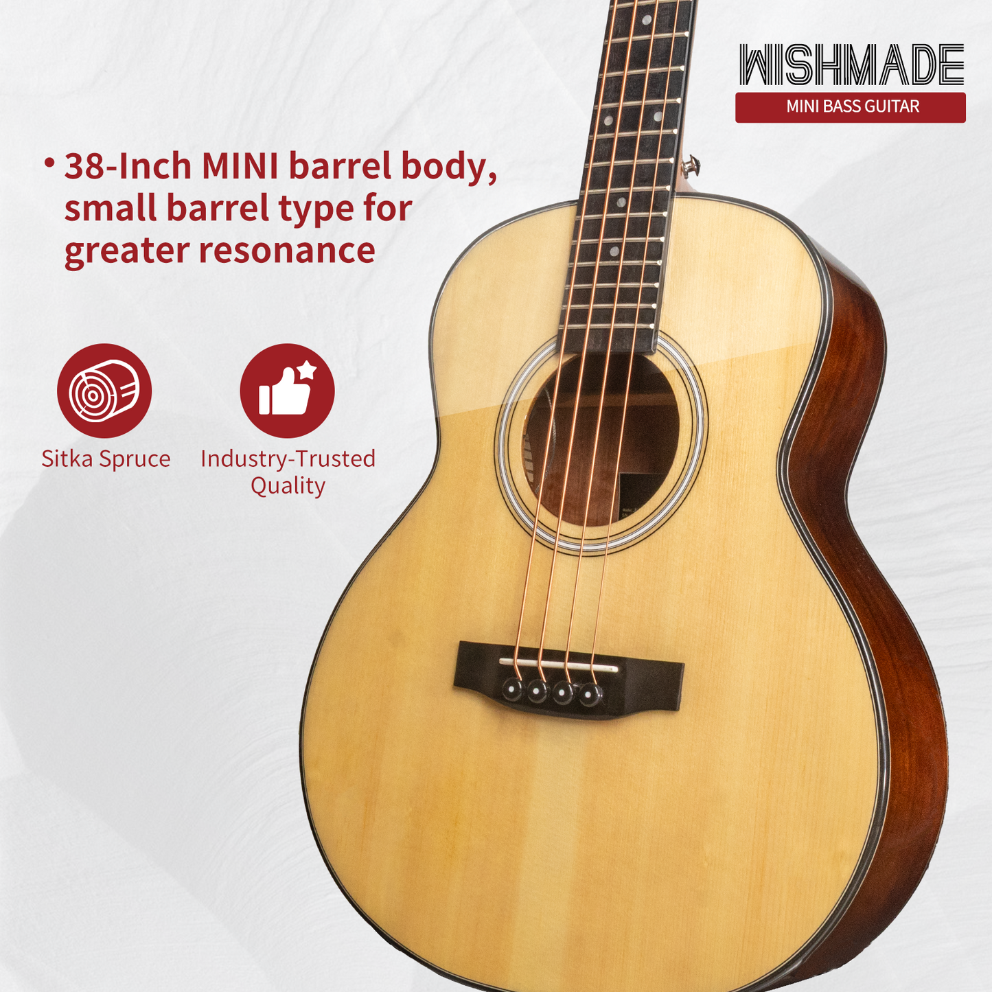 WISHMADE mini acoustic guitar|  Electric travel bass guitars for beginners | Mahogany Construction, Spruce Top with  Gig Bag