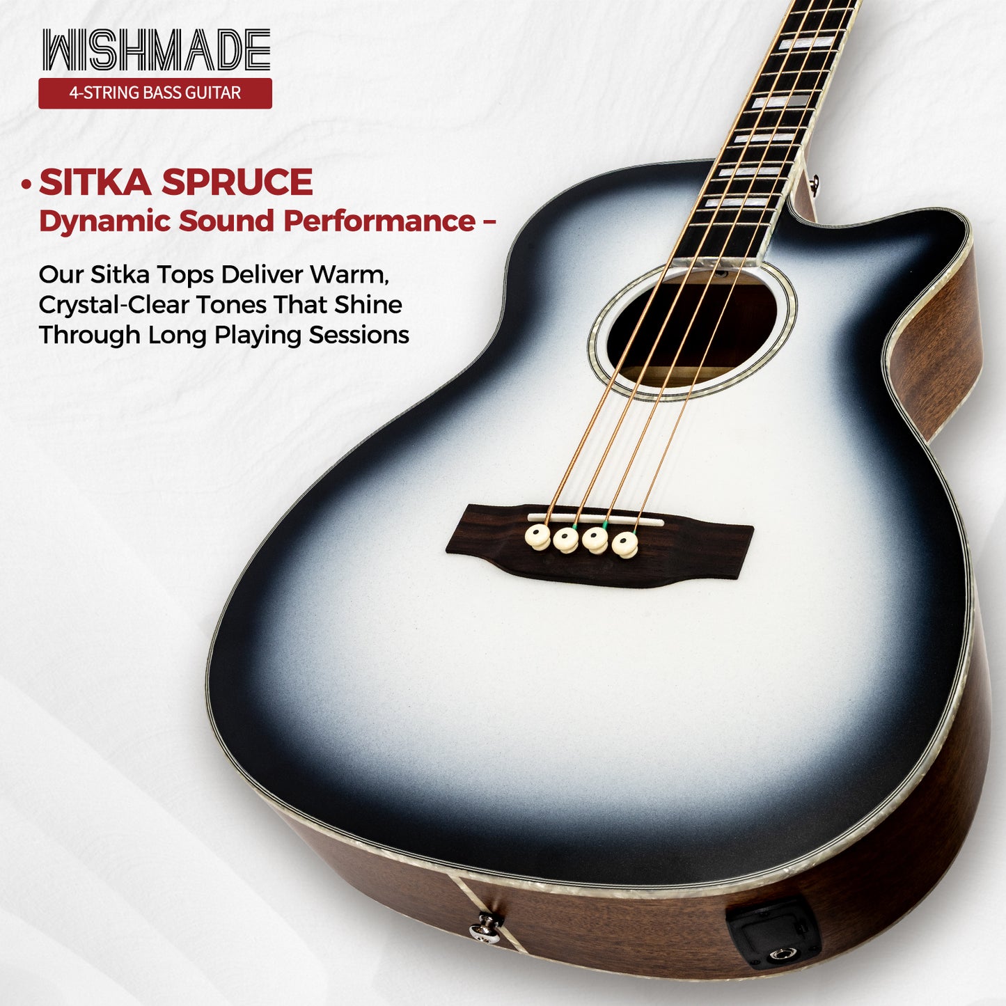 WishMade Acoustic Electric Bass Guitar,Sitka Spruce Top, Mahogany Fingerboard and Back&Sides, Suitable for Beginners and Adults