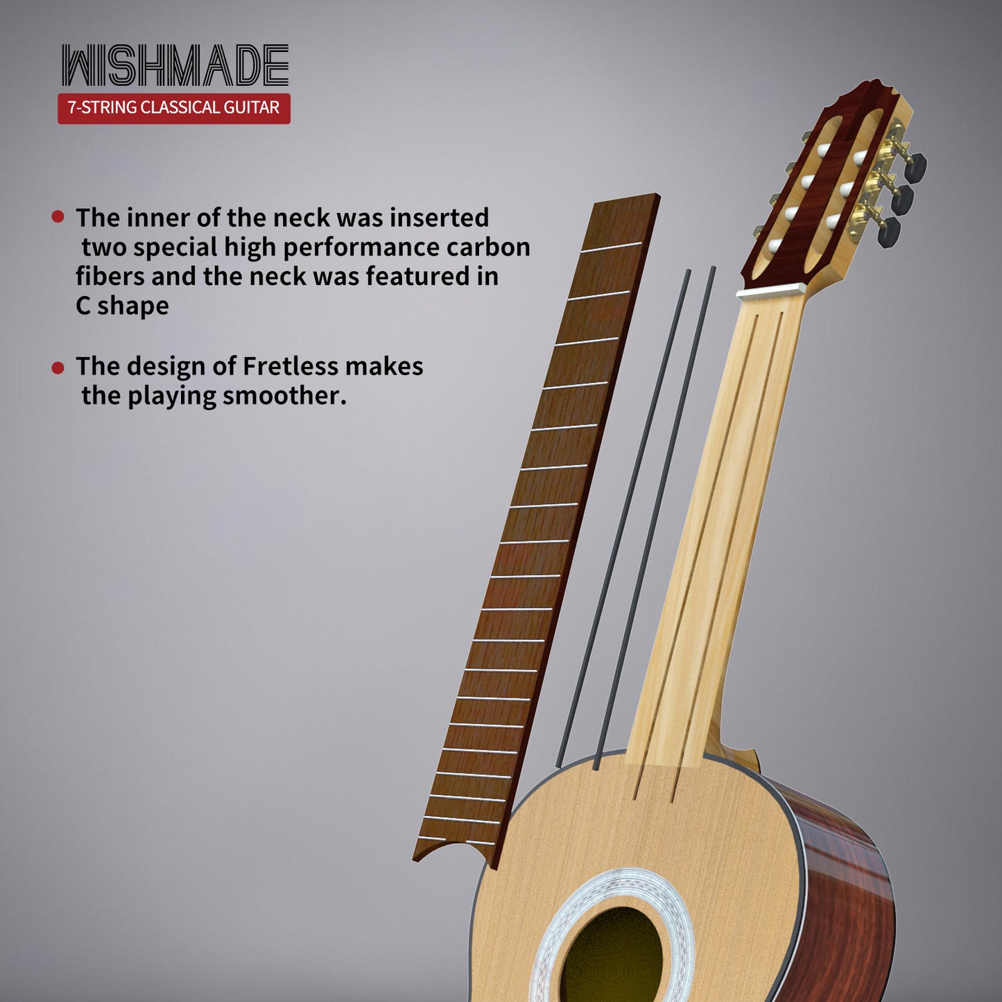 WISHMADE  Fretless Classical Guitar,7 String Nylon Guitar,Full Size for Advanced Players