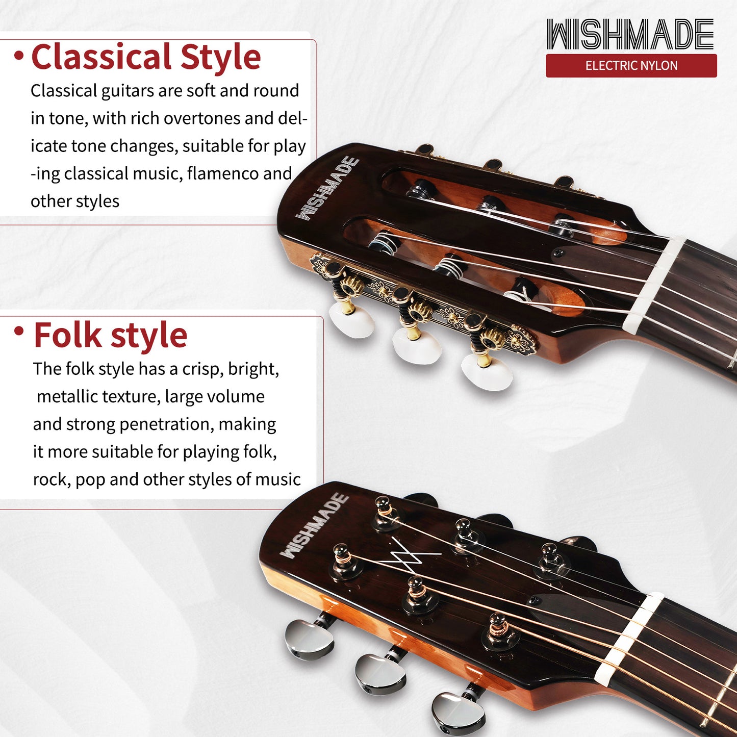 Wishmade Electric Classical Guitar Classic Nylon String ,thin body acoustic guitar for adults， Solid Spruce Top, Chambered Solid Body, Cutaway, Recycled Nylon Shell Gig-Bag