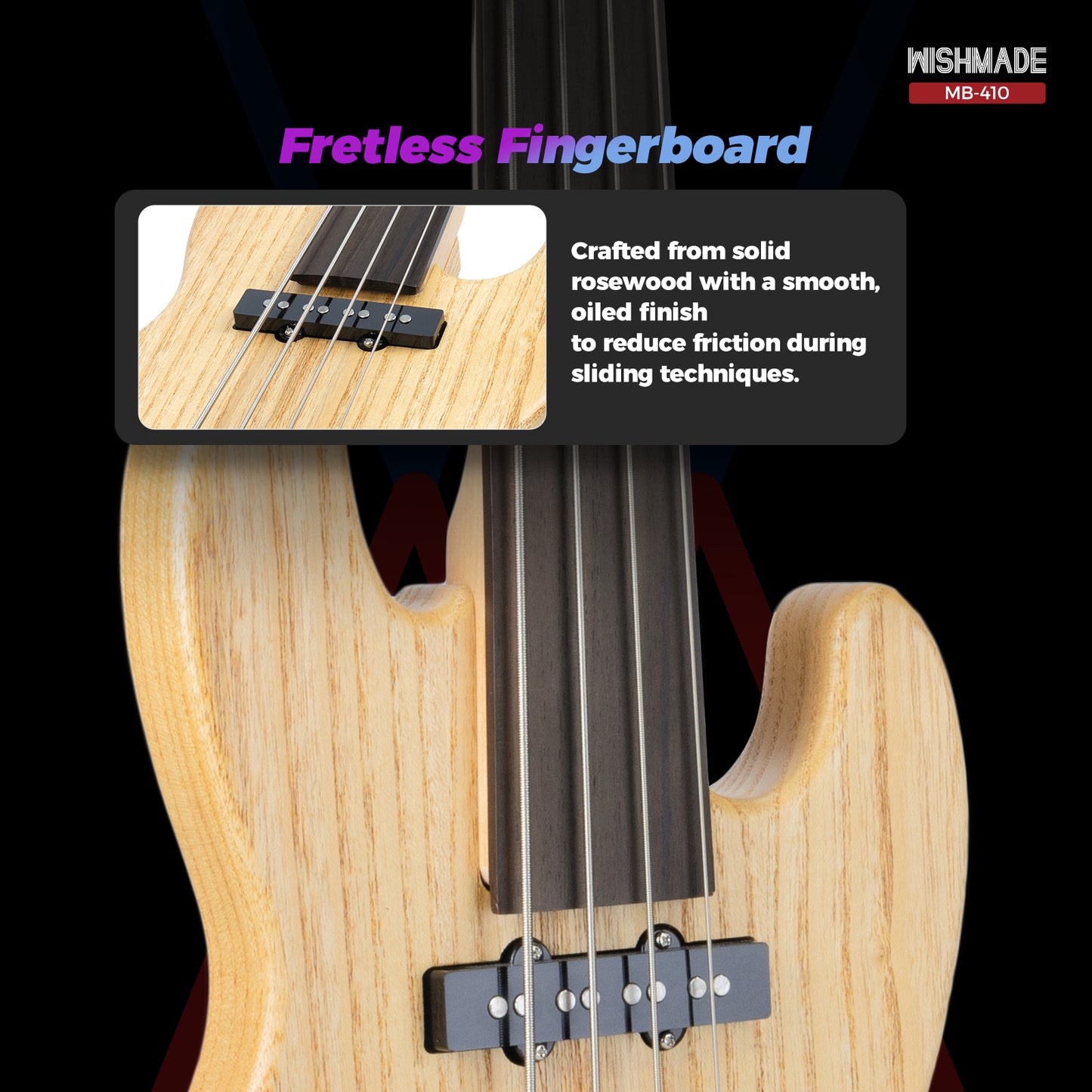 Wishmade Fretless Mini Bass Guitar,Portable Small Size Guitar with Gigbag,Maple Neck,HH.