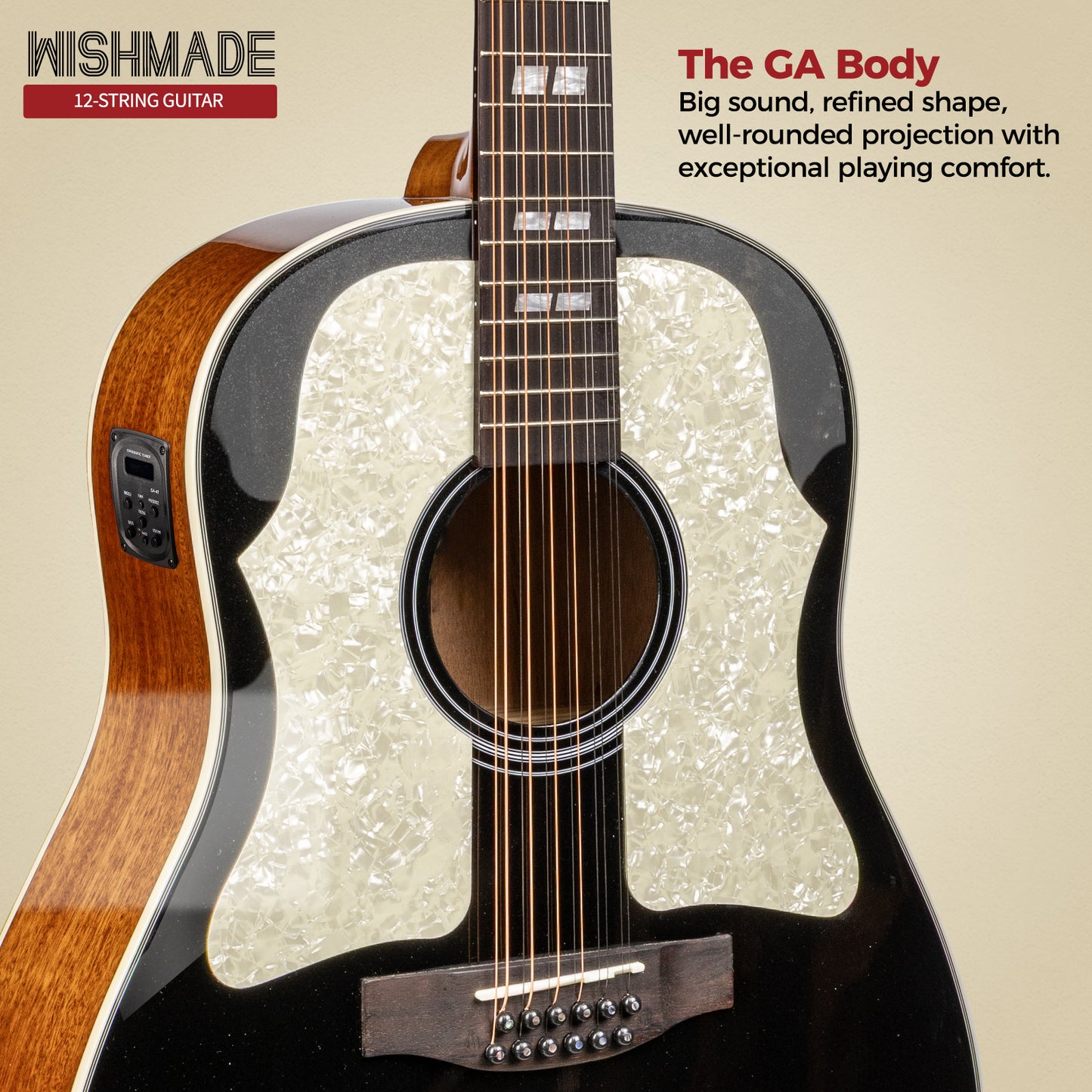 WishMade 12-String Acoustic-Electric Guitar with Spruce Top, Mahogany Back & Sides, Round Shoulder Cutaway and Dual Pickguards for Live Performance
