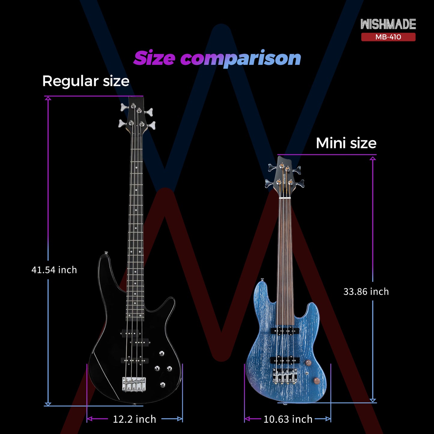 Wishmade Fretless Mini Bass Guitar,Portable Small Size Guitar with Gigbag,Maple Neck,HH.