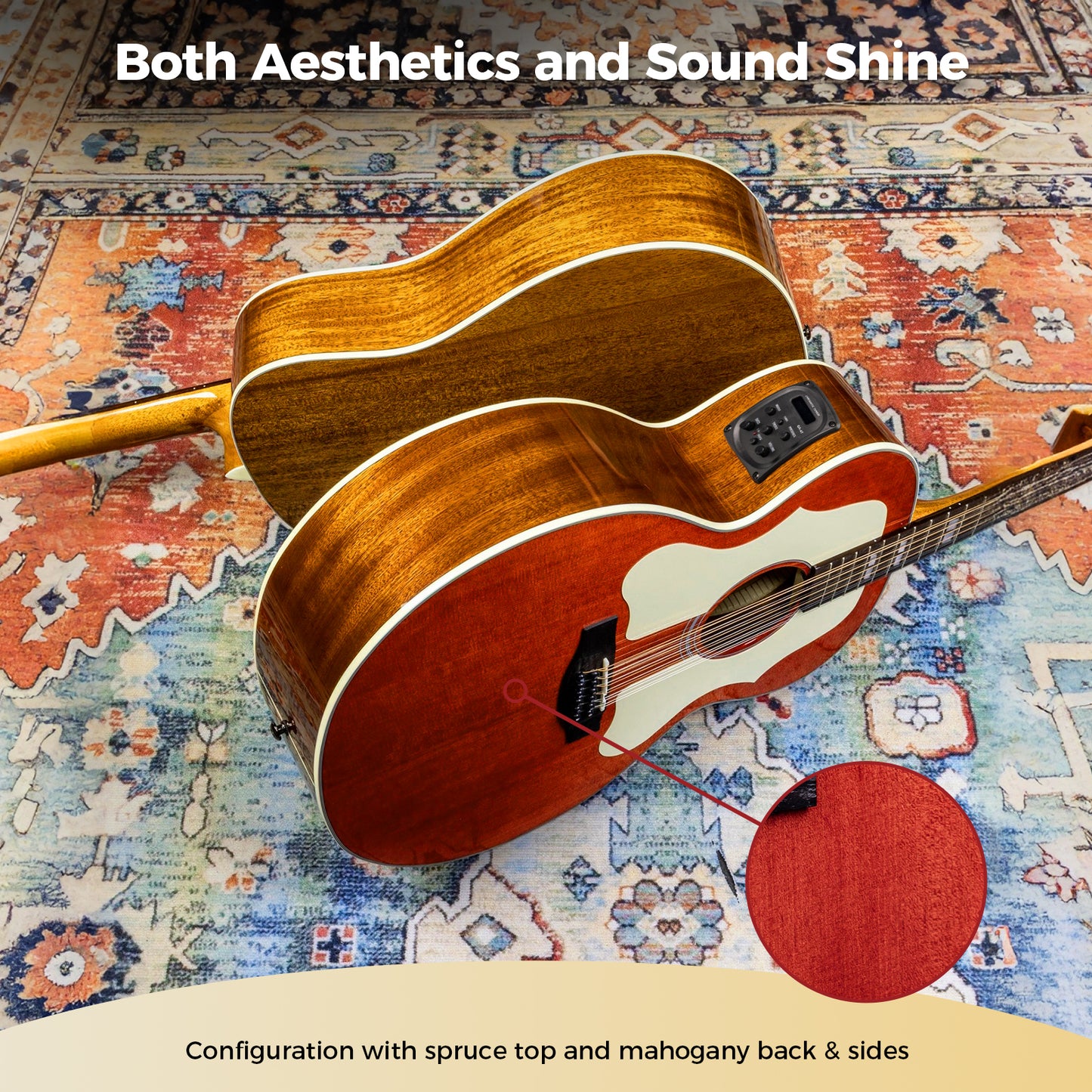 WishMade 12-String Acoustic-Electric Guitar with Spruce Top, Mahogany Back & Sides, Round Shoulder Cutaway and Dual Pickguards for Live Performance