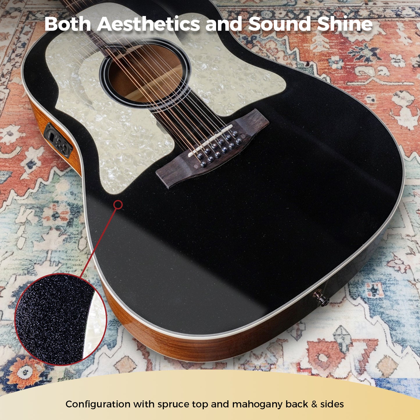 WishMade 12-String Acoustic-Electric Guitar with Spruce Top, Mahogany Back & Sides, Round Shoulder Cutaway and Dual Pickguards for Live Performance